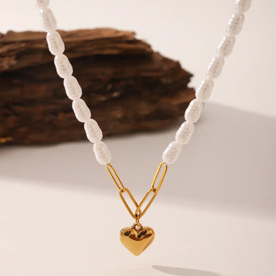 304 Stainless Steel Artificial Pearl Titanium Steel Beaded Chain Paperclip Chain 18K Gold Plated Heart Shape Necklace