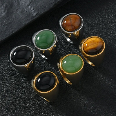 Stainless Steel Ring Casting Oval Natural Stone Ring Light Luxury Couple Ring Hand Jewelry Wholesale