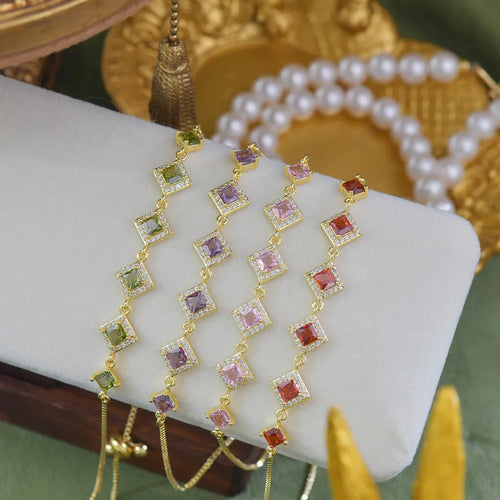 Adjustable Olive Green And Purple Diamond Shaped Bracelet Set Full Of Zirconia Stones High Color Retention Slide On For Women