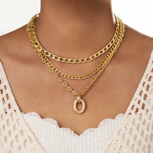 New Personalized Simple Ins Geometric Oval Pendant Thick Aluminum Zipper Multi-Layer Twin Women's Necklace