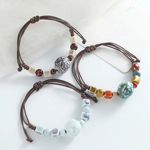 Handmade Retro Rose Ceramic Bracelet in Light Blue, Unisex Design for Stylish Wear