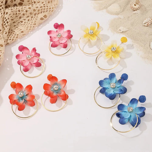 Handmade Blue Raffia Flowers Bohemian Stud Earrings with 304 Stainless Steel Posts for Women