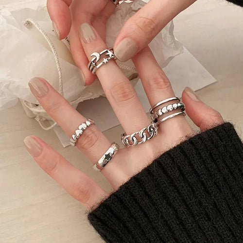 retro geometric moon heart shape alloy plating women's rings 5 piece set