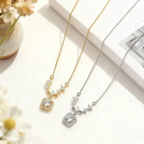 Square Inlay Pendant Necklace for Women in Copper with 18K Real Gold Plated Water Plating and Artificial Rhinestones on Cable Chain