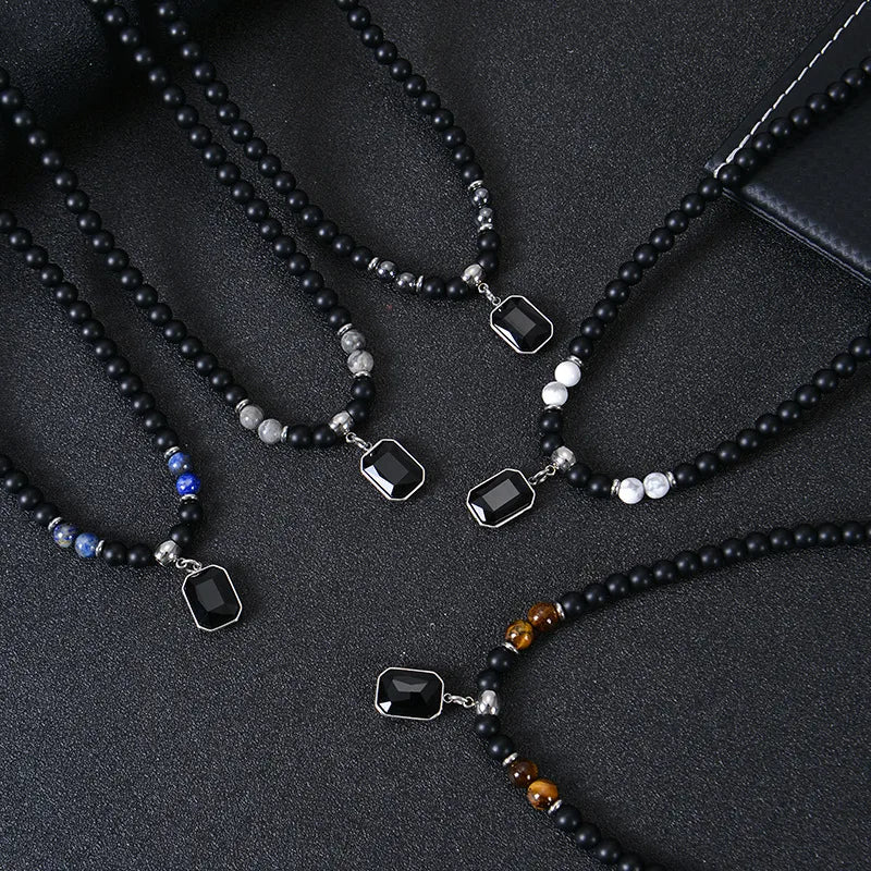 Hip-Hop Geometric natural stone Titanium Steel Unisex Necklace Men Beaded Necklaces