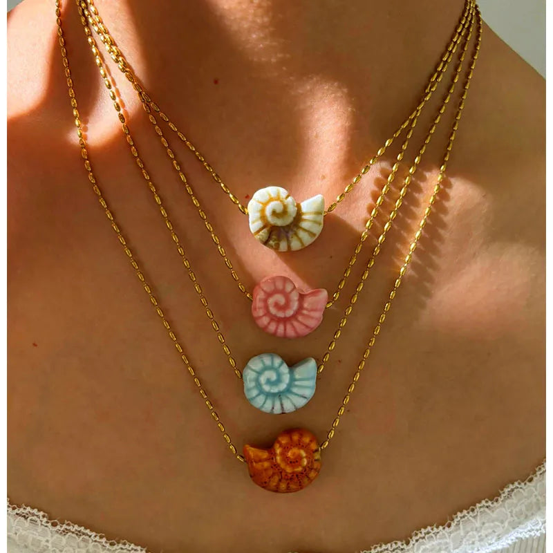 Wholesale Jewelry Nordic Style Vacation Marine Style Conch 316L Stainless Steel  ceramics Irregular Rice Bead Chain Pendant Necklace