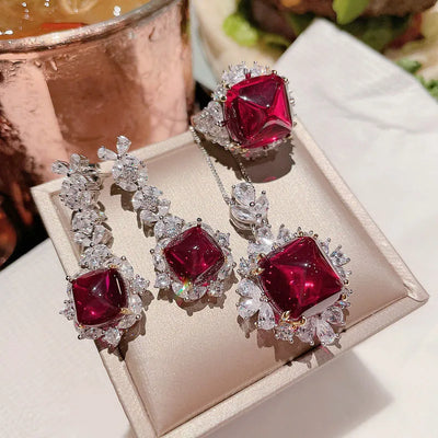 fashion square copper inlay artificial gemstones rings earrings necklace