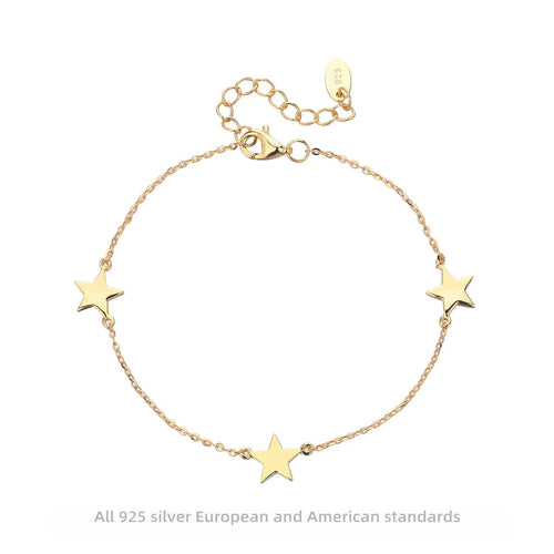 Unisex Pentagram Bracelet 925 Sterling Silver 18K Gold Plated 0.03µm Cable Chain