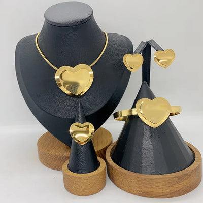 Polished Heart Shape Jewelry Set for Women with 18K Real Gold Plated 304 Stainless Steel and PVD Coated Snake Chain