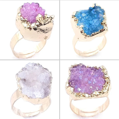 Adjustable Natural Stone Ring Plated With Colorful Crystal Irregular Original Rock Crystal Cluster Open Ring Finger Ring
