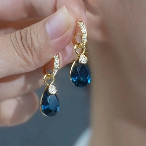 Water Droplets Blue Metal Earrings with Crystal Inlay for Women, Elegant Drop Earrings