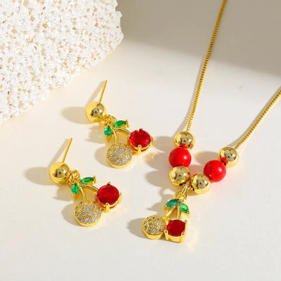 18K Gold Plated Copper Water Plated Zircon Cherry Electroplated Simple Style Box Chain Square Pearl Chain Jewelry Set