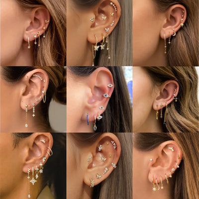 Elegant Zircon Star Moon Chain Tassel Earrings Set Personality Fashion Copper Material Butterfly Knot Jewelry Accessories For Women