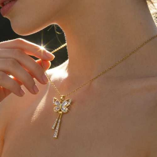 Butterfly Pendant Necklace for Women, Electroplated Copper with KC Gold Plating, Artificial Zircon Stones, O Chain