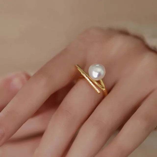 Adjustable Open Ring For Women Natural Freshwater Pearl Balance Beam Ring Simple Fashion New Style Cool Personalized Accessory