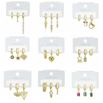 Fashionable Three-Piece Earring Set With Embedded Zircon Copper Plated 18K Gold Geometric Pattern European Style Triangle And Circle