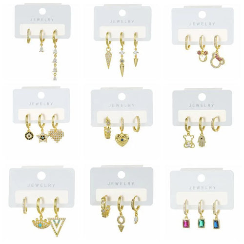 Fashionable Three-Piece Earring Set With Embedded Zircon Copper Plated 18K Gold Geometric Pattern European Style Triangle And Circle