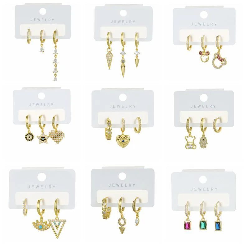 Fashionable Three-Piece Earring Set With Embedded Zircon Copper Plated 18K Gold Geometric Pattern European Style Triangle And Circle