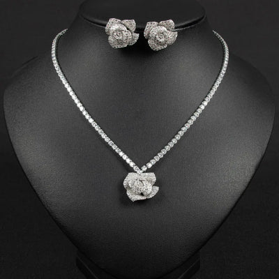 Fashionable Rose Flower Zircon Necklace Set For Women Casual Versatile High-End Feeling Jewelry Earrings Matching Accessory