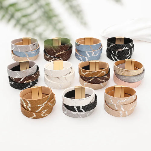 New PU Leather Wide Bracelet For Women Magnetic Color Block Bohemian Style Hand Chain Simple Pattern Leather Craft Hand Jewelry