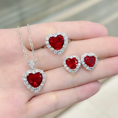 Ocean Heart Pendant Necklace Earrings Ring Set Women's Jewelry Zircon Heart Shape Drop Ear Studs And Bell Pattern Accessories