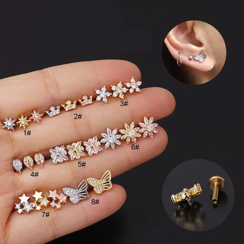 Ear Cartilage Rings & Studs Simple Style Flower 316L Stainless Steel  Copper Inlaid Zircon