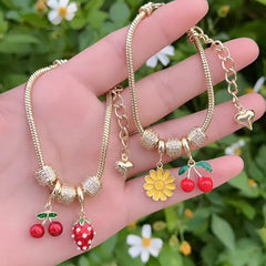 Wholesale Jewelry Casual Simple Style Cherry Flower Strawberry Copper Acrylic Pearl Zircon 18K Gold Plated Polishing Enamel Inlay Multi Charms Bracelet snake chain