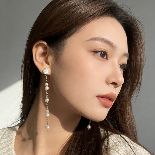 Simple Style Tassel Drop Earrings with 5-6mm Natural White Baroque Freshwater Pearls in 925 Sterling Silver for Women