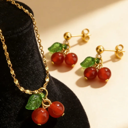 Sweet Cherry Jewelry Set for Women in 304 Stainless Steel with 18K Gold Plated Micro Thin Chain 0.08µm