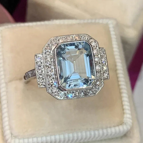 fashion geometric square copper inlaid sea blue zircon ring