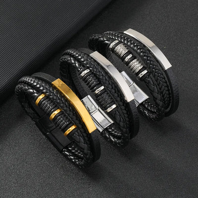 Punk Style Titanium Steel Woven Leather Bracelet With Magnetic Clasp Unisex Fashionable Multilayer Personality Hand Chain