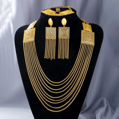 luxurious bridal geometric copper tassel plating 18k gold plated jewelry set