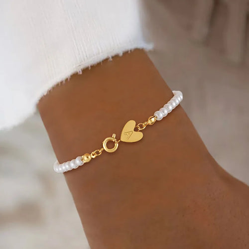 201 Stainless Steel 304 Stainless Steel Artificial Pearl Beaded Chain Letter Heart Shape Bracelets
