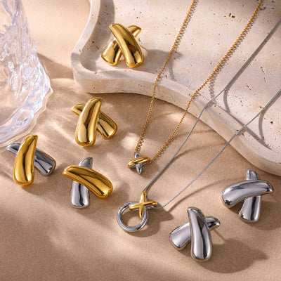 Women's Jewelry Set 18K Gold 304 Stainless Steel Geometric Chubby X-Shaped Color-Block Earrings Necklace XOXO Asymmetric Mixed Color Vacuum Plating Waterproof Non-Fading Handmade Chain