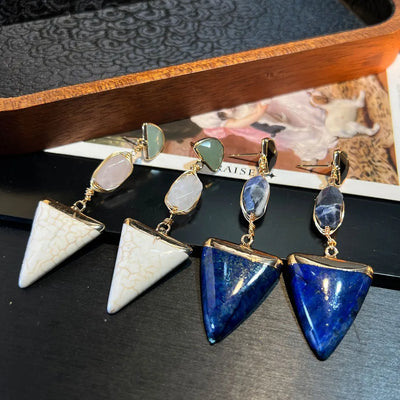 手工天然青金石粉末水晶几何耳环法式设计肩垂坠原创珠宝配饰