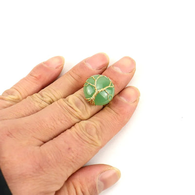 Handmade Winding Wire Gold Round Amethyst Life Tree Ring Adjustable Open Ring For Women Simple Style Metal Leaf Pattern Jewelry