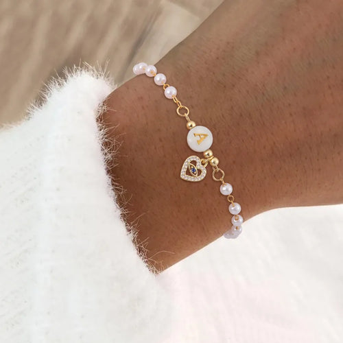 Artificial Pearl Shell Copper Handmade Chain Round Letter Heart Shape Bracelets