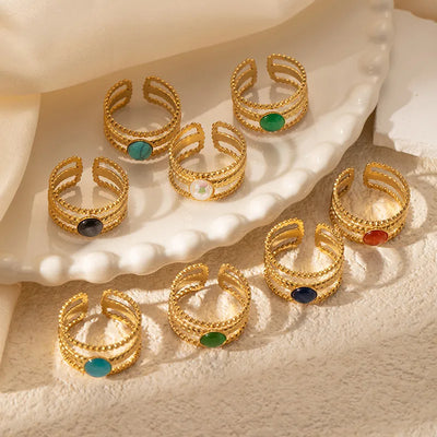 Fashionable Stainless Steel Natural Stone Embedded Ring For Women Titanium Steel Adjustable Versatile Ring Geometric Pattern