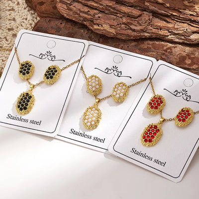 Fashion Luxury INS Style Copper Plated 18K Real Gold Rhinestone Acrylic Bead Oval Earrings Necklace Set