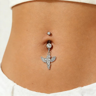 Angel Waterproof Non Tarnish 14K Real Gold Plated 304 Stainless Steel Belly Ring with Zircon Inlay, 1 Piece