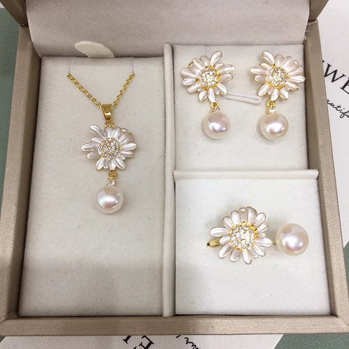 5A Grade High Brightness Natural Freshwater Pearl Pendant Earring Set Small Fresh Sunflower Pearl Set White Color