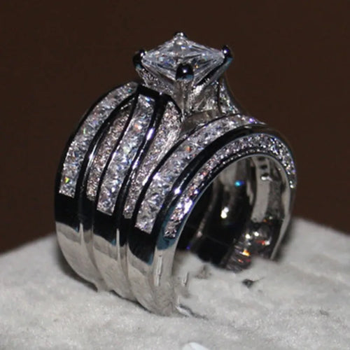Huajie Stylish 925 Silver Set With White Zirconium Ring For Women Love Commemorative Ring Geometric Pattern Alloy European Style