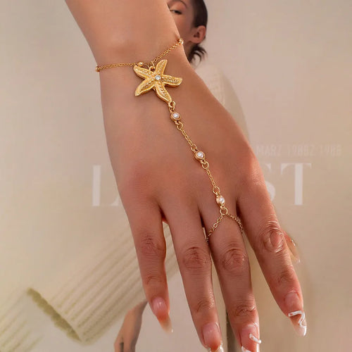 Fashionable Starfish Pearl Finger Linked Bracelet For Women Alloy Integrated Chain Geometric Pattern Personalized Design