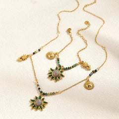 Polished Sun Jewelry Set for Women in SUS304 Stainless Steel with 18K Real Gold PVD Coated Plating and Resin Inlay, Handmade Chain