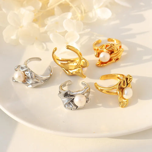 fashion irregular freshwater pearl titanium steel plating inlay freshwater pearl 18k gold plated rings
