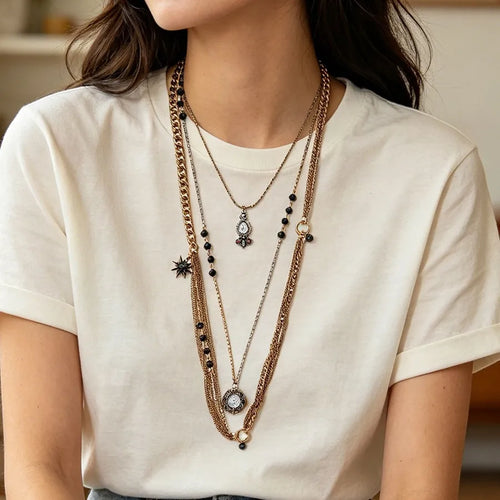 Handmade Layered Necklaces Clock with Zinc Alloy Chain and Pendant for Women