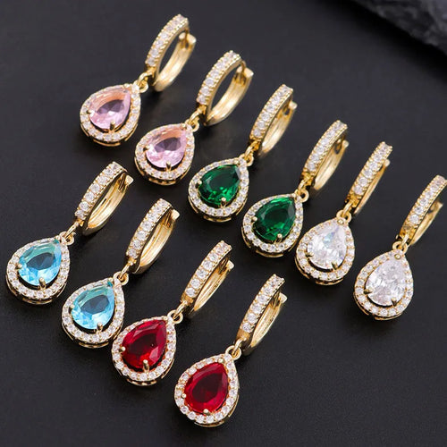 Women’s Water Droplets Stud Earrings with Claw Setting, 14K Real Gold Plated Copper Featuring Zircon Inlay and Water Plating