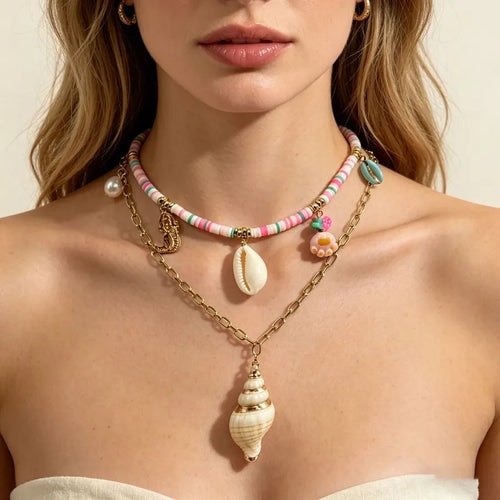Bohemian Conch Necklace in Natural Pink featuring Soft Clay and Shell Pendant, Unisex Design