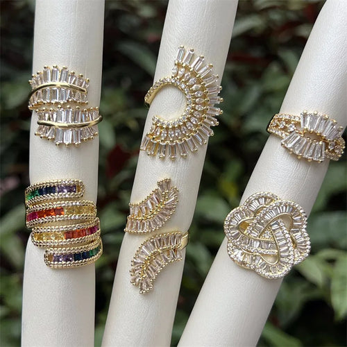 Geometric Open Rings for Women with Zircon Inlay, Copper Base, and 18K Gold Electroplated Finish