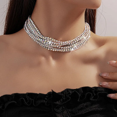 Exaggerated Multi-Layer Diamond-Encrusted Necklace Colorful Light Full Diamond Fashion Lockbone Chain Luxury Sensation Jewelry